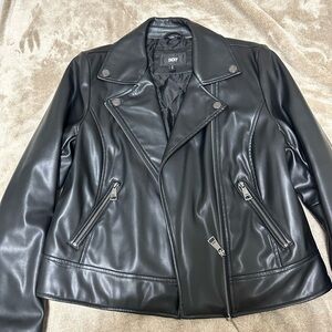 DKNY Black Leather Moto Jacket with Asymmetrical Zipper